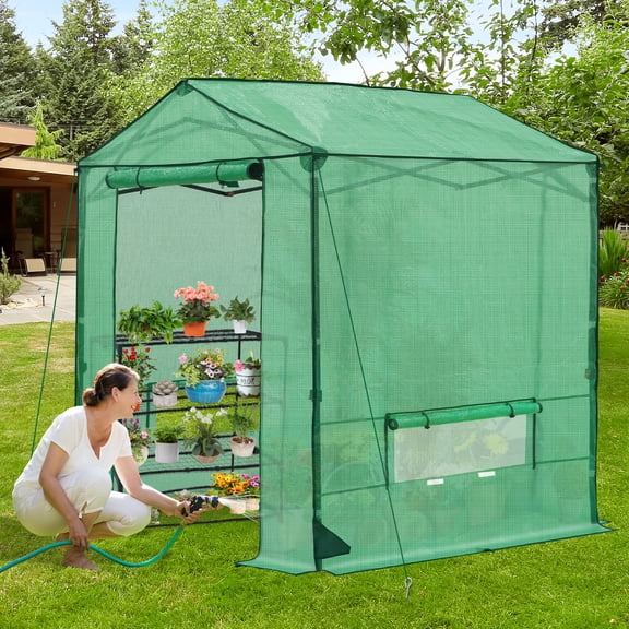 INTER HUT 6x6 Pop Up Walk-in Greenhouse, Indoor & Outdoor PE Cover Green House with Power Access Ports, Green