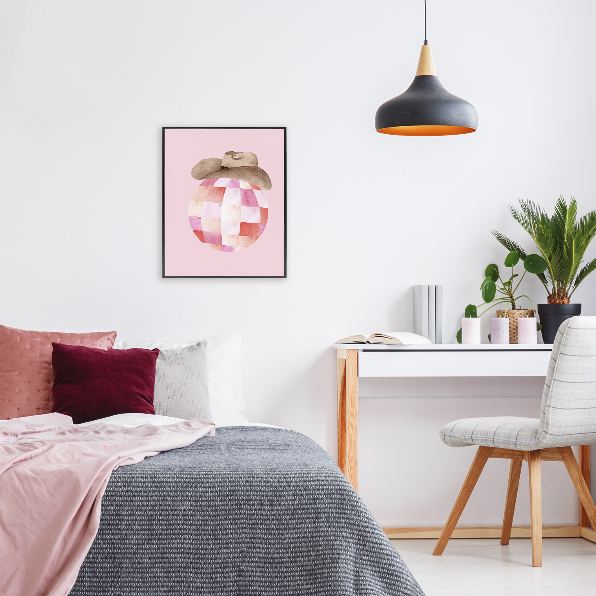 Rosy Disco Cowgirl Hat Black Framed Giclee Art, design by Nina Jacobs