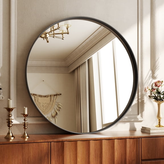 Puremirror 24" Round Bathroom Mirror Wall Mounted Vanity Mirror with Deep Frame, Black