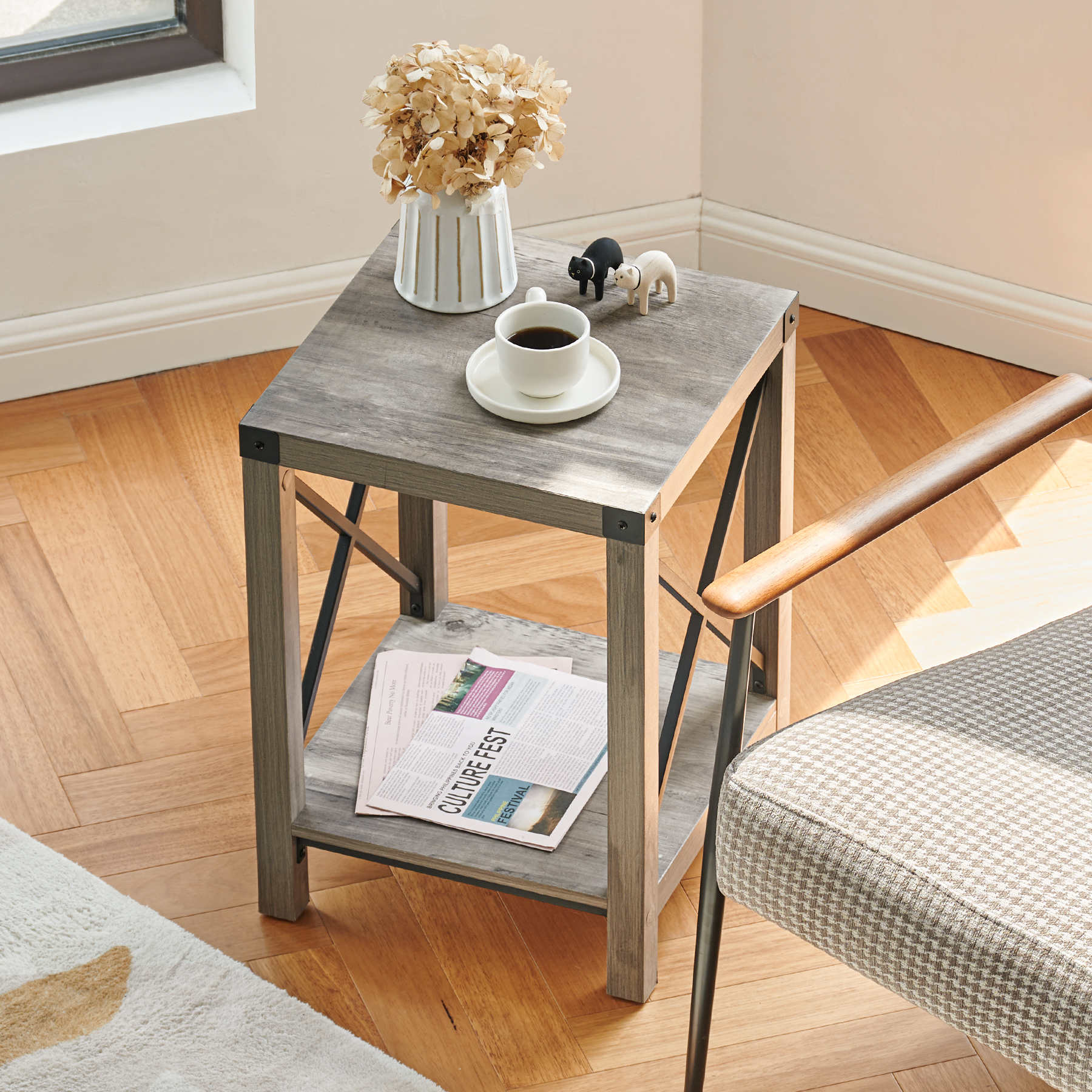 Bestco Side Table 16" Farmhouse End Table Nightstand w Shelf & Metal Frames, Driftwood