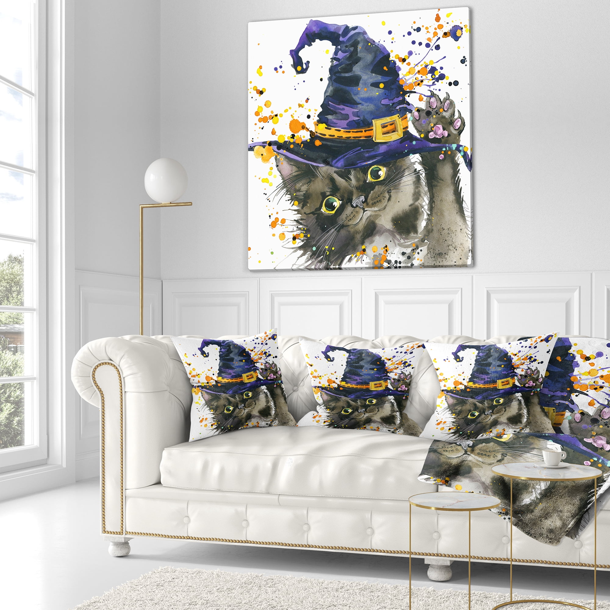 Designart Halloween Cat and Witch Hat - Contemporary Animal Throw Pillow - 18x18