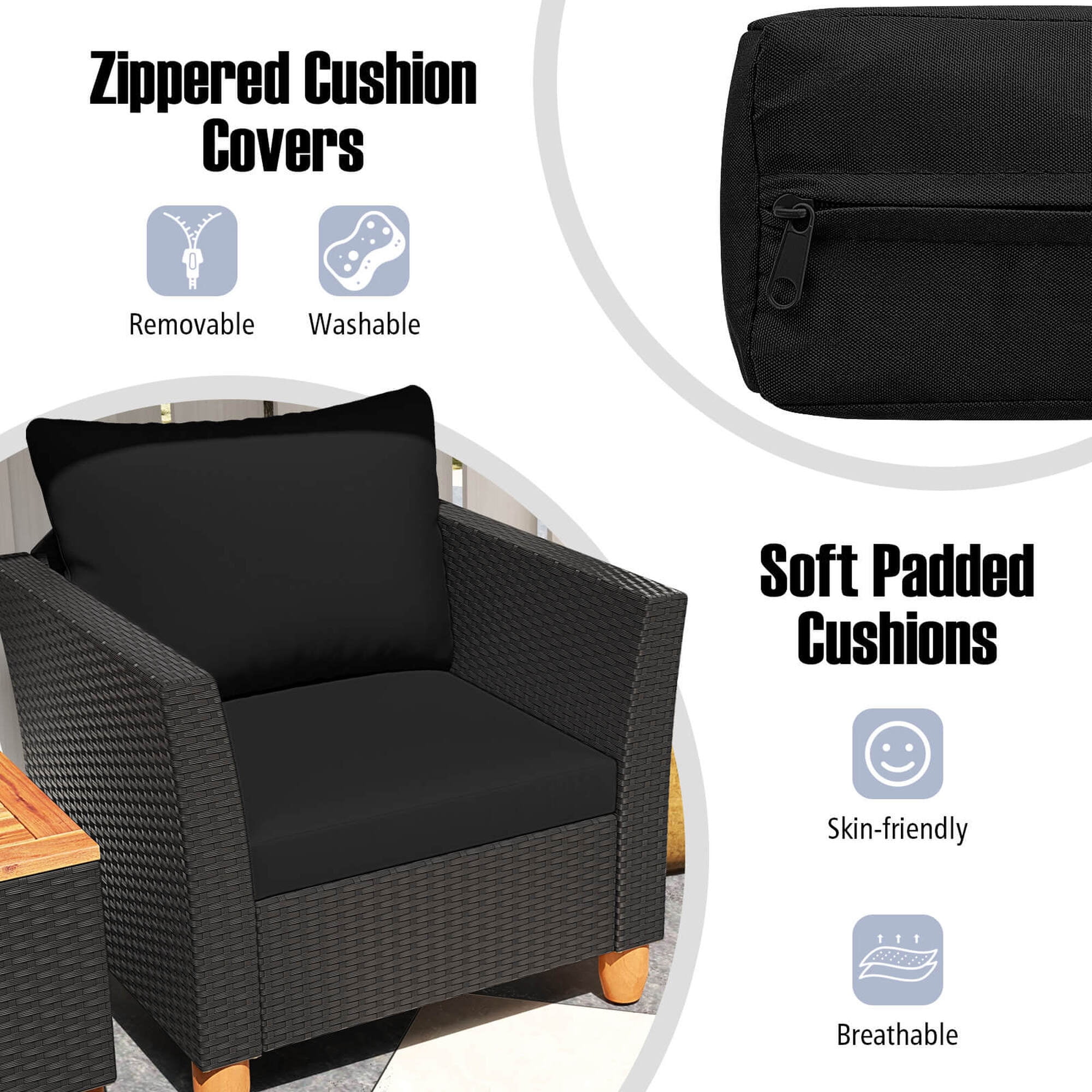Costway 3PCS Outdoor Patio Rattan Furniture Set Wooden Table Top Cushioned Sofa Black