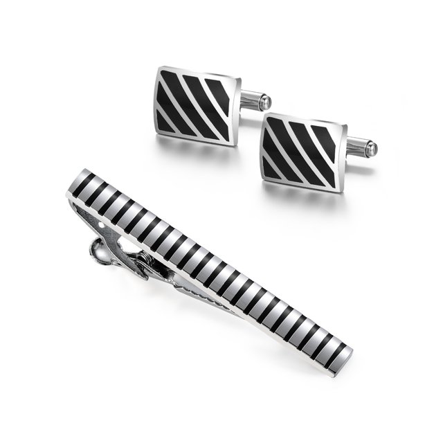 Set de gemelos y clip de corbata para hombre a rayas blancas y negras