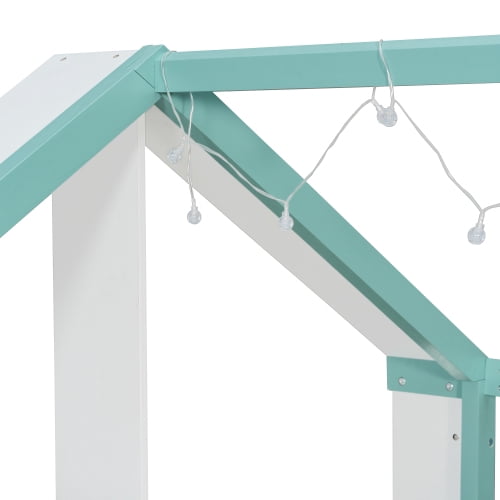 Full Size Kids House Bed Frame with Pull-Out Trundle, Foot-End Storage Shelves & Cool White LED Lights, White+Blue