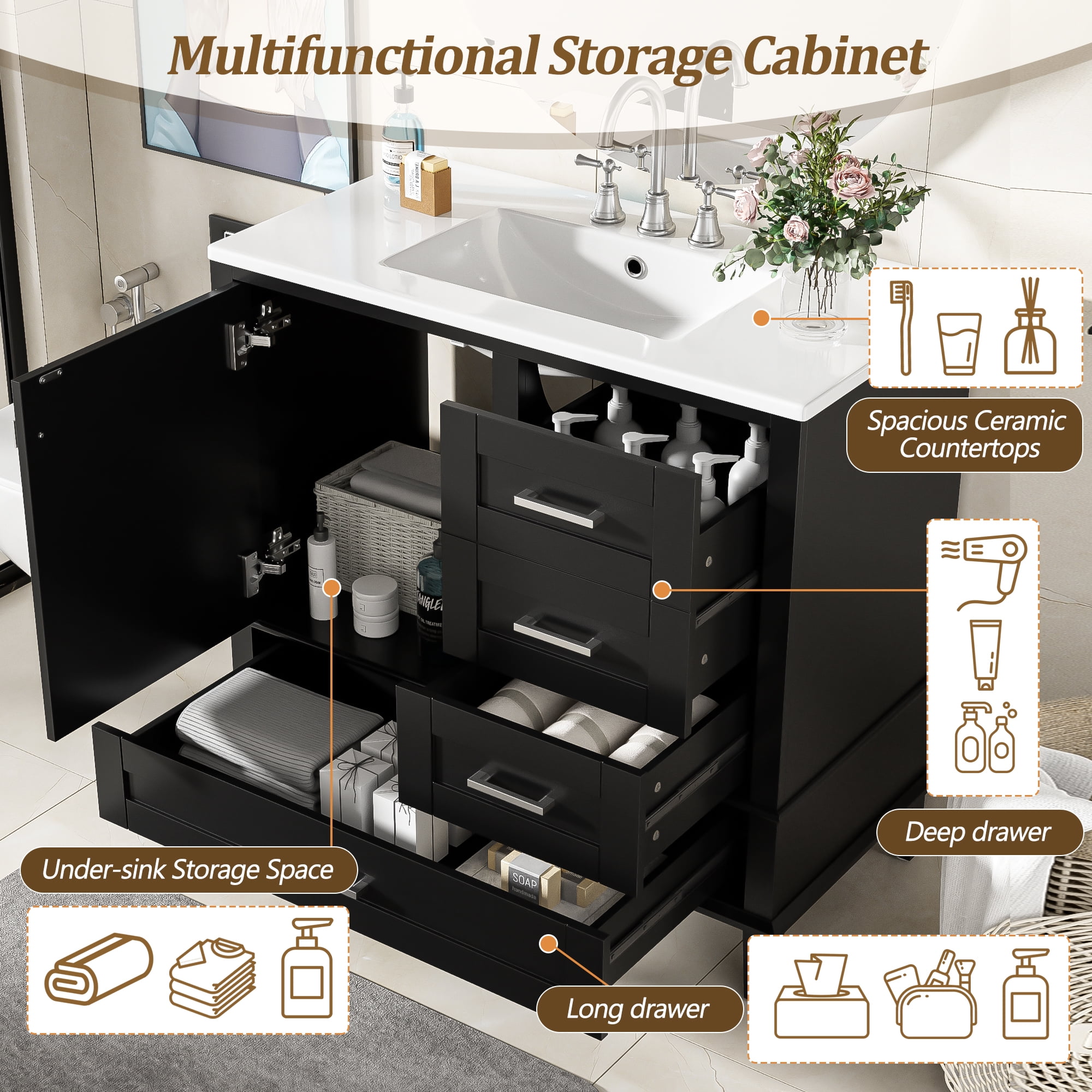 Euroco 36" Black Bathroom Vanity with Solid Pine Frame, 1 Soft Close Door and 3 Drawers , Modern Storage Cabinet
