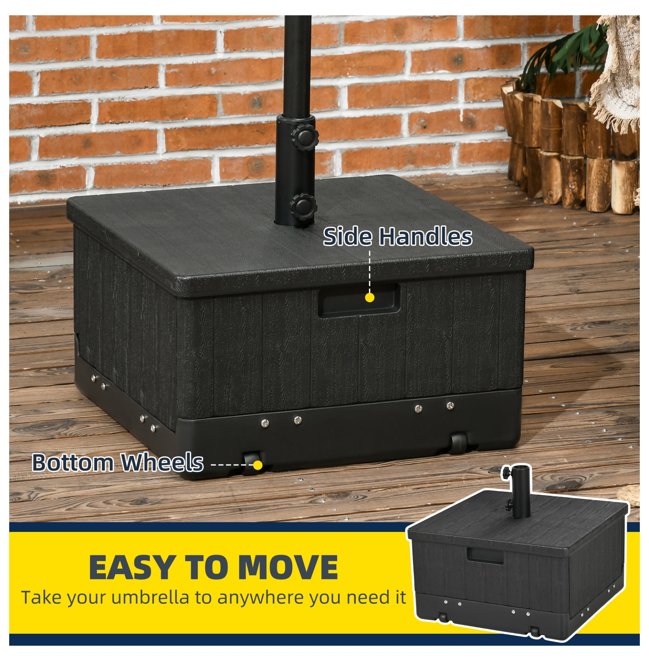 3-in-1 Outdoor Umbrella Base, Coffee End Table, Flower Box Planter, 175lbs Capacity Patio Umbrella Stand Table with Wheels and Handles, Black