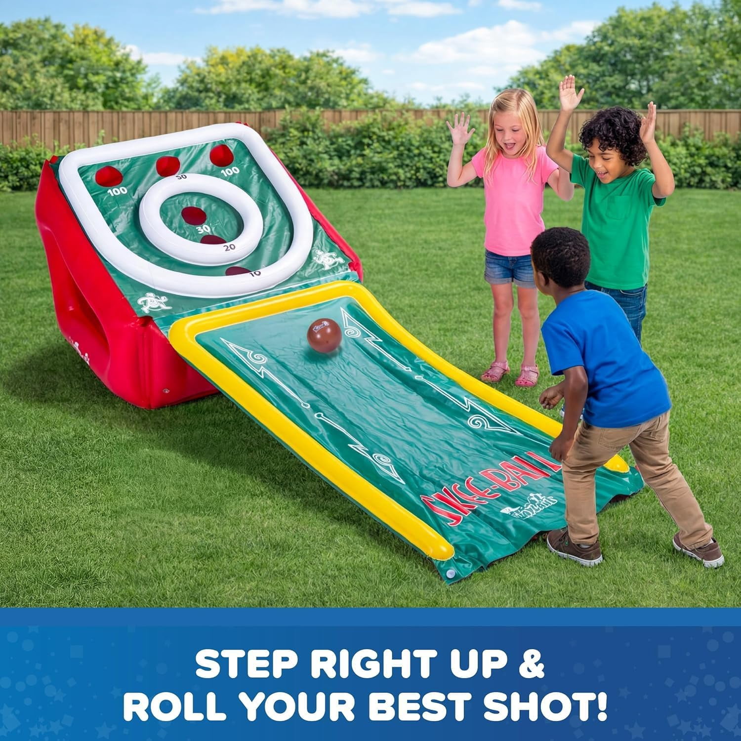 Playland Inflatable Skee Ball Game for Kids & Family – 5FT Indoor & Outdoor Arcade Toss Game with Ball Return, 4 Rubber Balls, Electric & Hand Pump Included – Backyard Party Carnival Game for Ages 6+