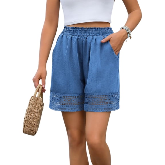 Women'S Casual Elastic Waist Lounge Shorts Comfy Lace Trim Summer Beach Linen Ruffle Shorts Blue M