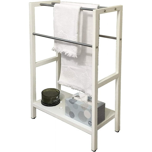 Asta Freestanding 4-Bar Towel Rack with Stainless Steel Towel Bars and Storage Shelf. Powder-Coated Metal Organizer with Adjustable TPR Levelers for Bath, Towels and Much More. (Light Beige)