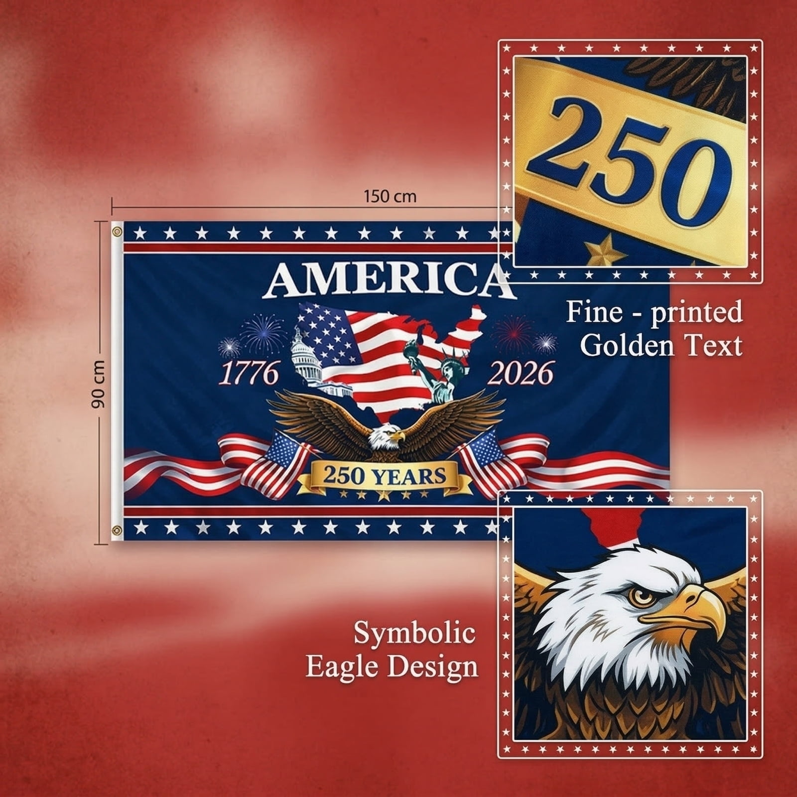 KUNPENG 250th Anniversary USA Flag 3x5 ft, Patriotic 1776-2026 Independence Day Banner, Bald Eagle July 4th Outdoor Decor, 4 Patterns in Single/Double Sided & 3-Layer Heavy Duty Options