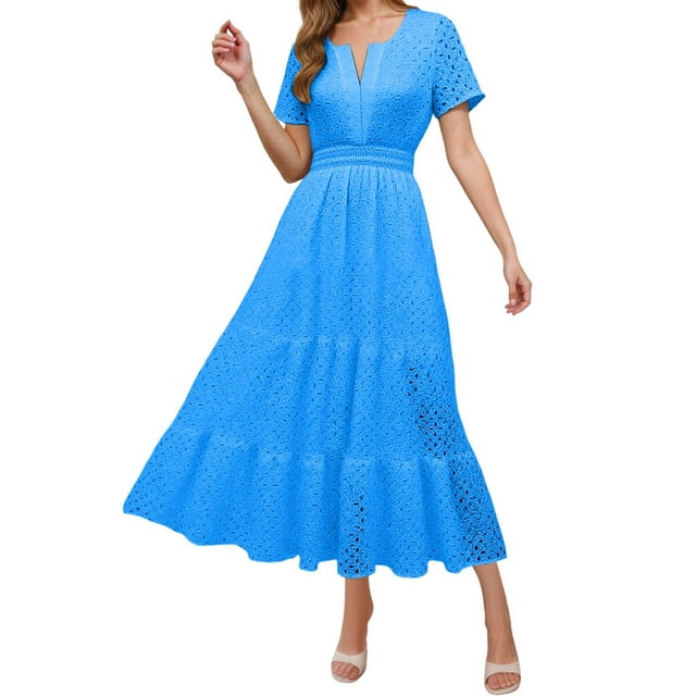 Robes pour Femmes 2025 Été Manches Courtes Robe Maxi Décontractée Col en V Œillet Volantée Évasée Longue