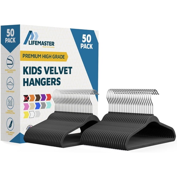 Lifemaster Velvet Kids Hangers, 50-Pack Non-Slip Baby & Toddler Clothes Hangers, Slim Space-Saving with Swivel Hook, Black