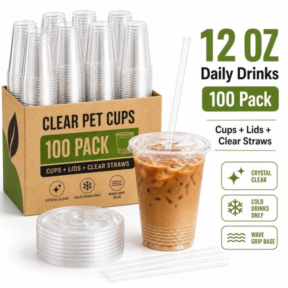 Disposable Plastic Cups, 12 Oz, Clear, 100 Count