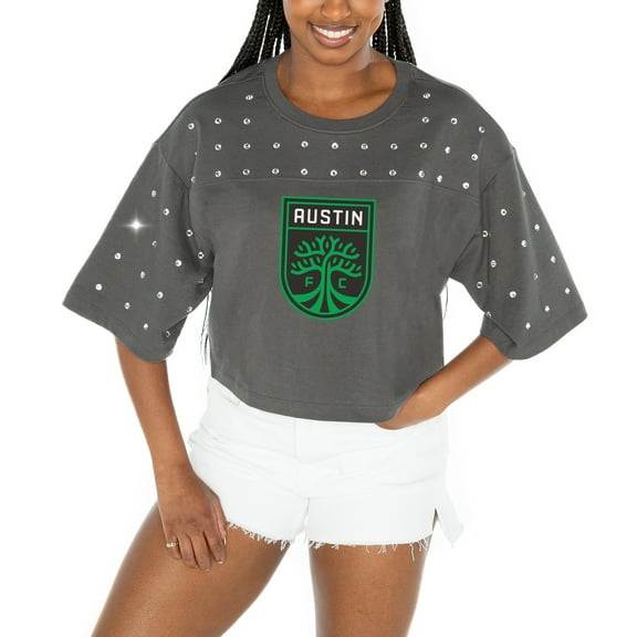 Women's Gameday Couture  Gray Austin FC Making Moves Rhinestone Cropped Oversized Half Sleeve-T-Shirt
