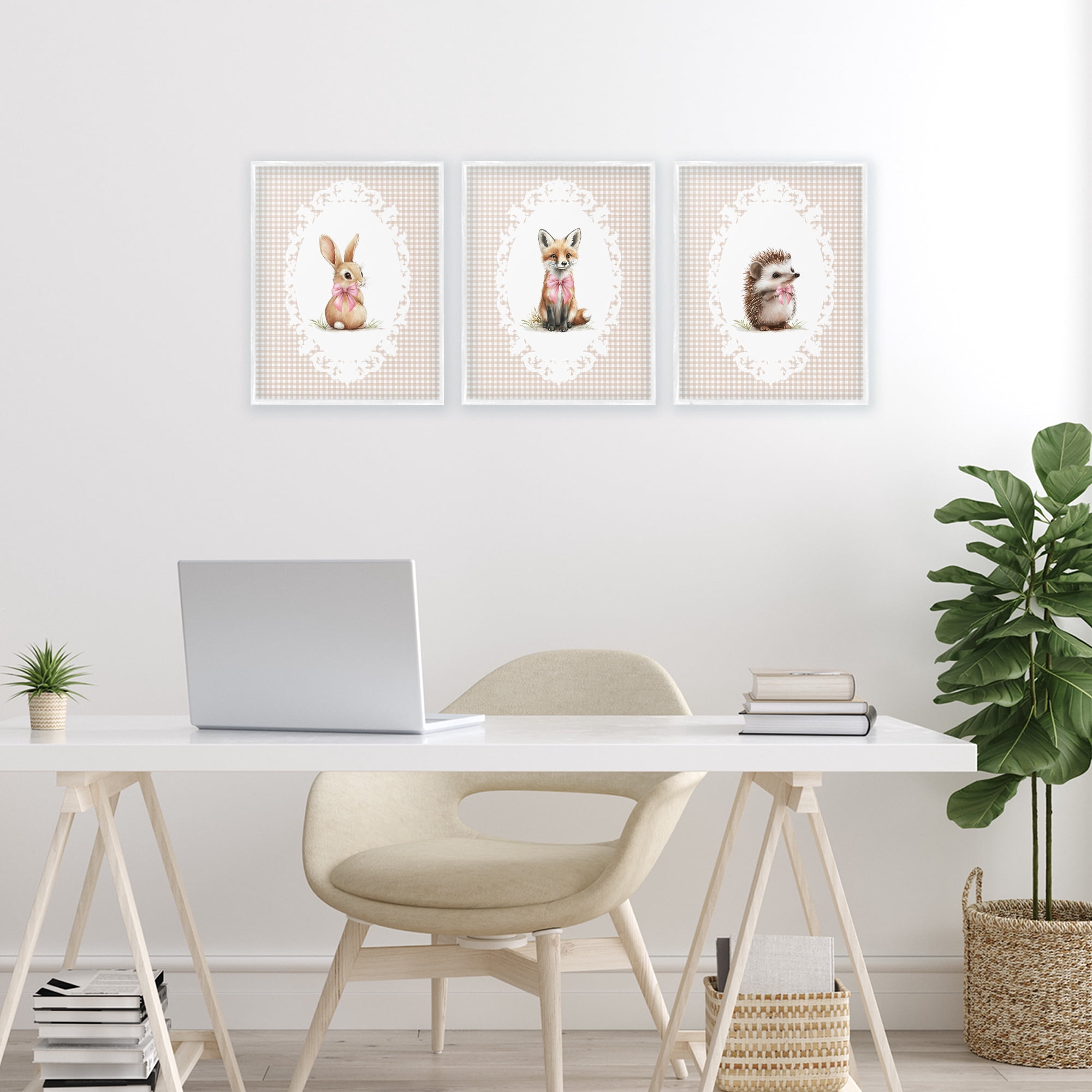 Stupell Industries Vintage Baby Bow Animals 3 Piece White Framed Giclee Art Set, design by Christine Simpson Art