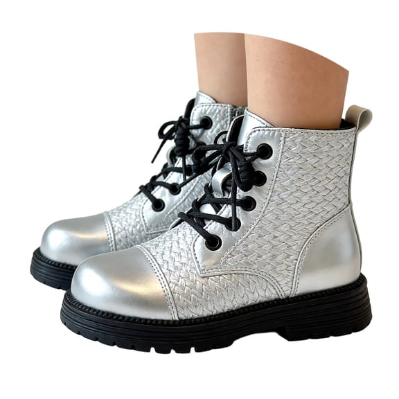GobdXE Ankle Boots Solid Croc Embossed Lace Up Side Zipper Thick Lug Sole Casual Shoes Silver,11-11.5 Years