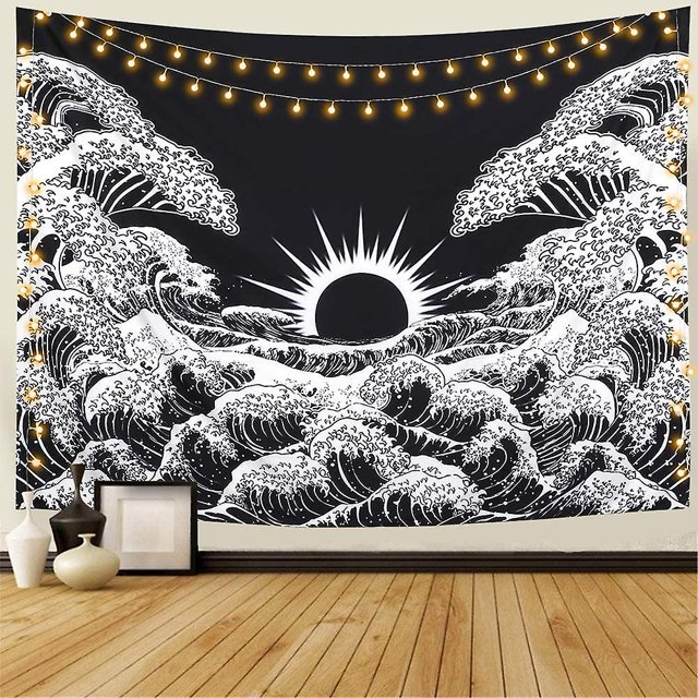 Tapiz de océano blanco y negro para colgar en la pared para sala de estar, dormitorio. Afortunado Sencillez