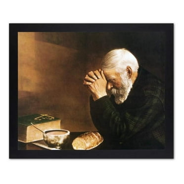Daily Bread Man Praying At Dinner Table Grace Religious Wall Picture 16x20 Lustrous Black Frame