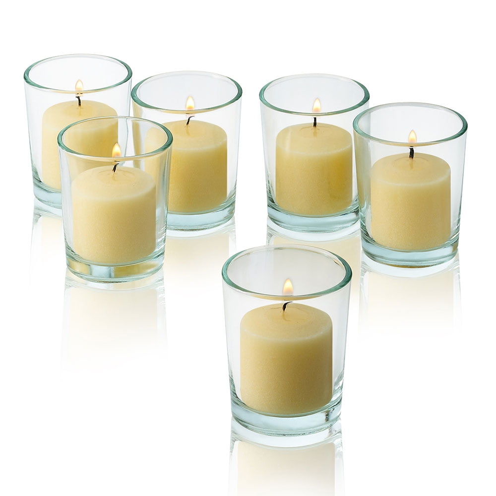 4 boxed sets 8 x votive candles & 4 glass Candle Holder Cream 10 hours burn 