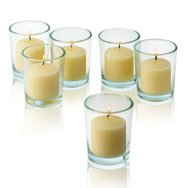 Round Clear Glass Votive Candle Holders with Ivory Votive Candles Burn ...