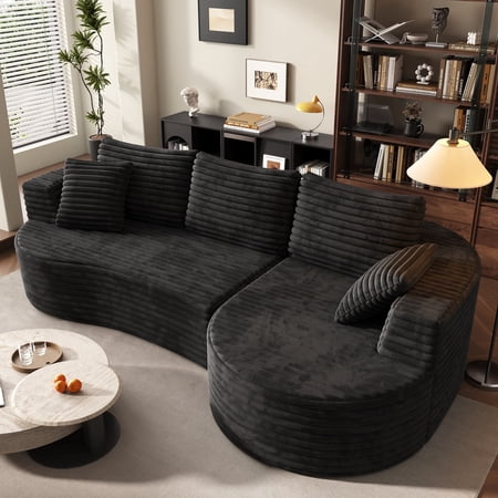 118" Curved Modular Cloud Couch, L-Shape Chaise Sectional Sofa with Plush Deep Seat, Soft Corduroy Upholstered Boneless Sofa for Living Room, No Assembly Needed, Black