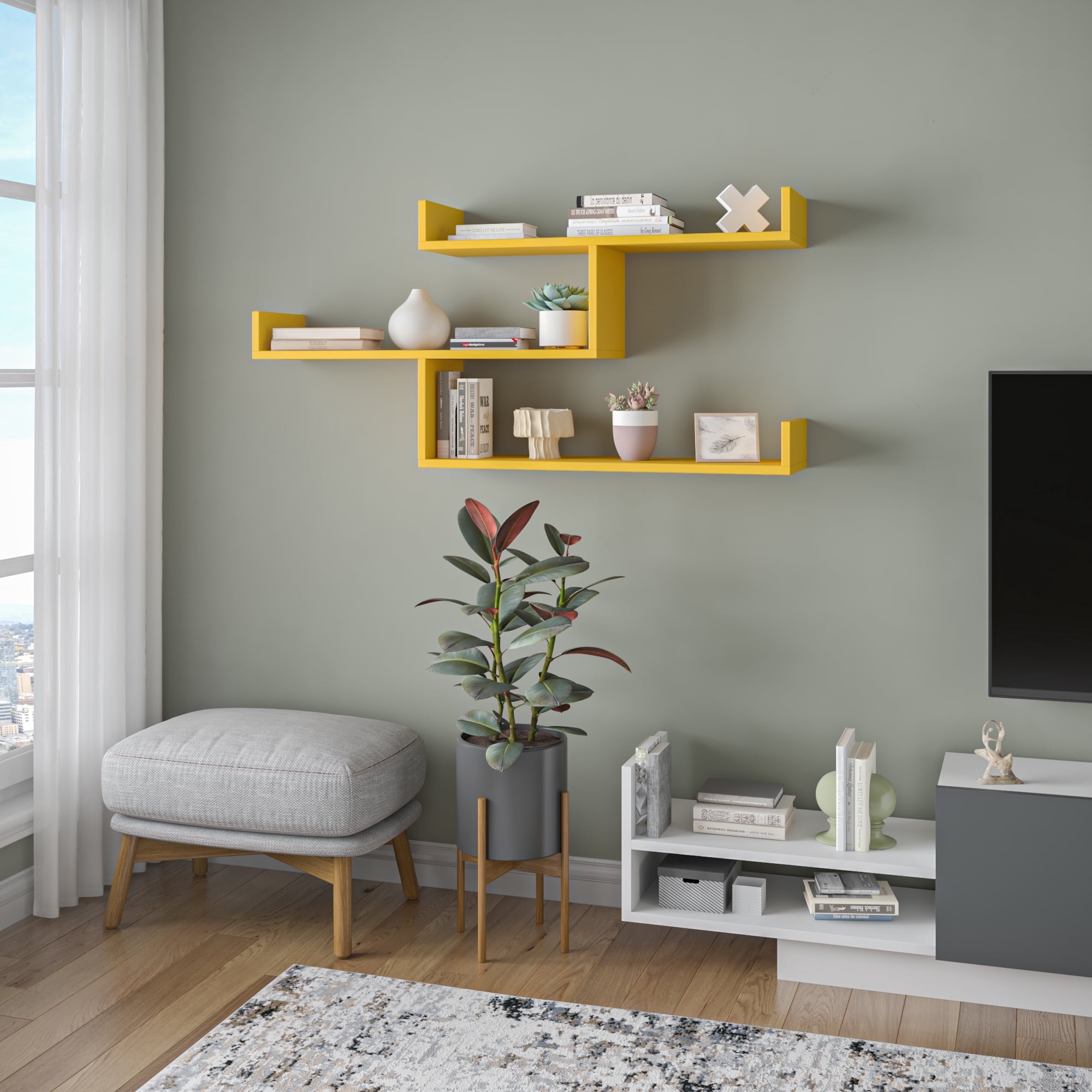 Ada Home Decor Furniture 47" 3 Tier Mustard Wilton Modern Wall Shelf