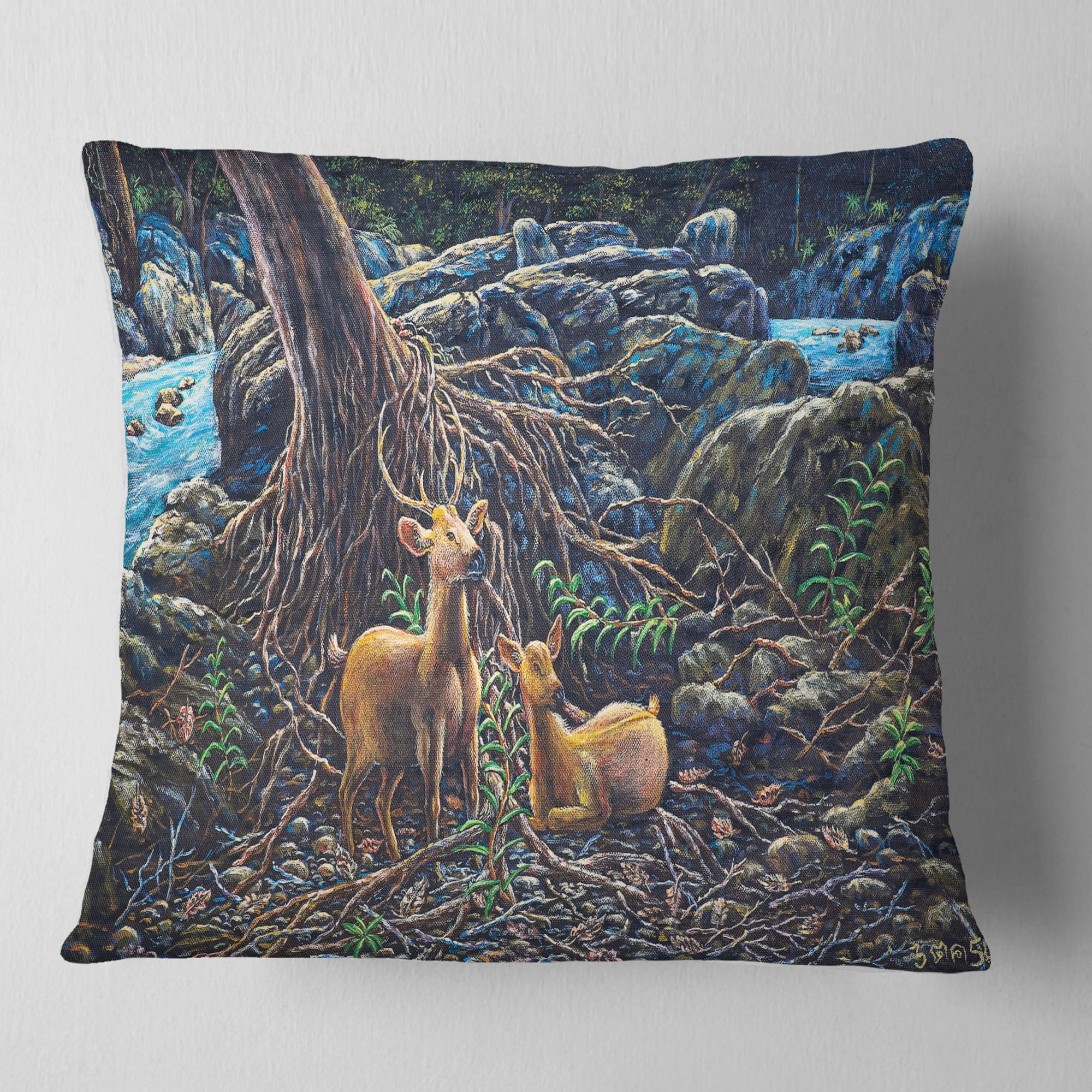 Designart Deer in Forest - Landscape Painting Throw Pillow - 18x18