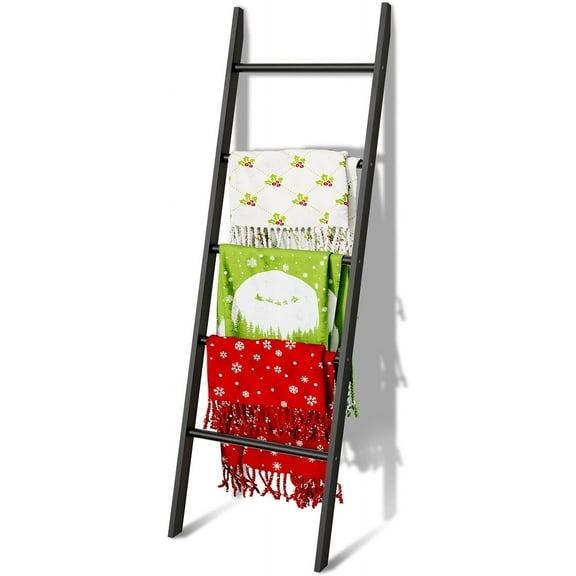 5-Tier Blanket Ladder Wooden, 5.3FT(63'') Blanket Quilt Holder Rack Decorative Ladders, Easy Assembly, Rustic Farmhouse Ladder Shelf for The Living Room Bedroom Bathroom Home Decor, Brown