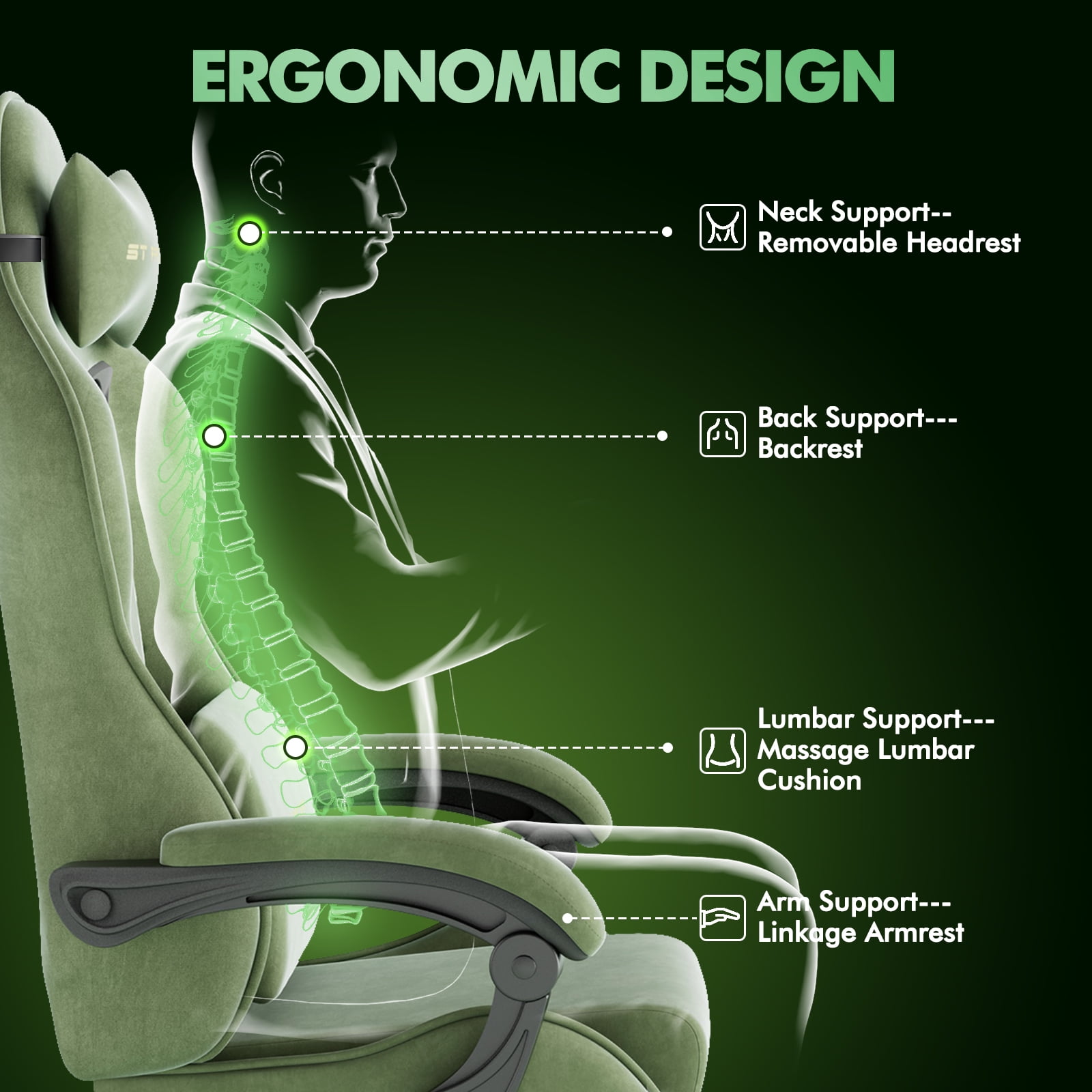 SOONTRANS Gaming Chair with Footrest, High Back Gamer Game Chair for Adult, Velvet Fabric Ergonomic Office Chair with Massage Lumbar Cushion, Reclining Computer Desk Chair ,Green