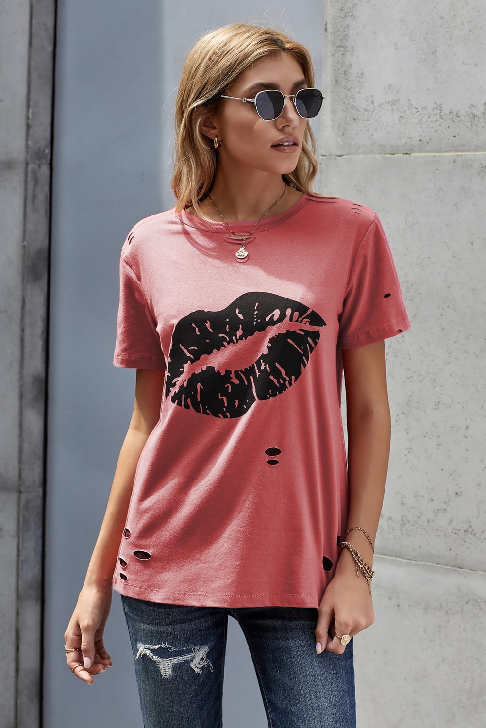 Lip Distressed Cotton Tee | Walmart 