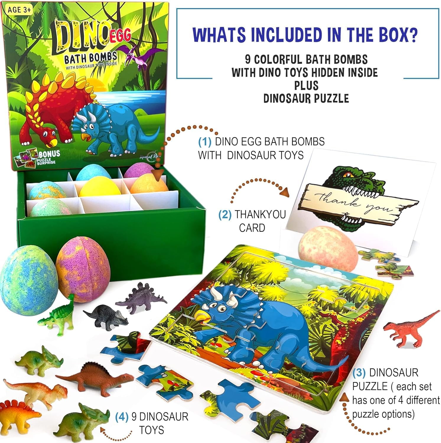 Mineral Me Bath Bombs for Kids with Toys Inside Plus Dinosaur Puzzle - Set of 9 w/ Mild Fruity Scent
