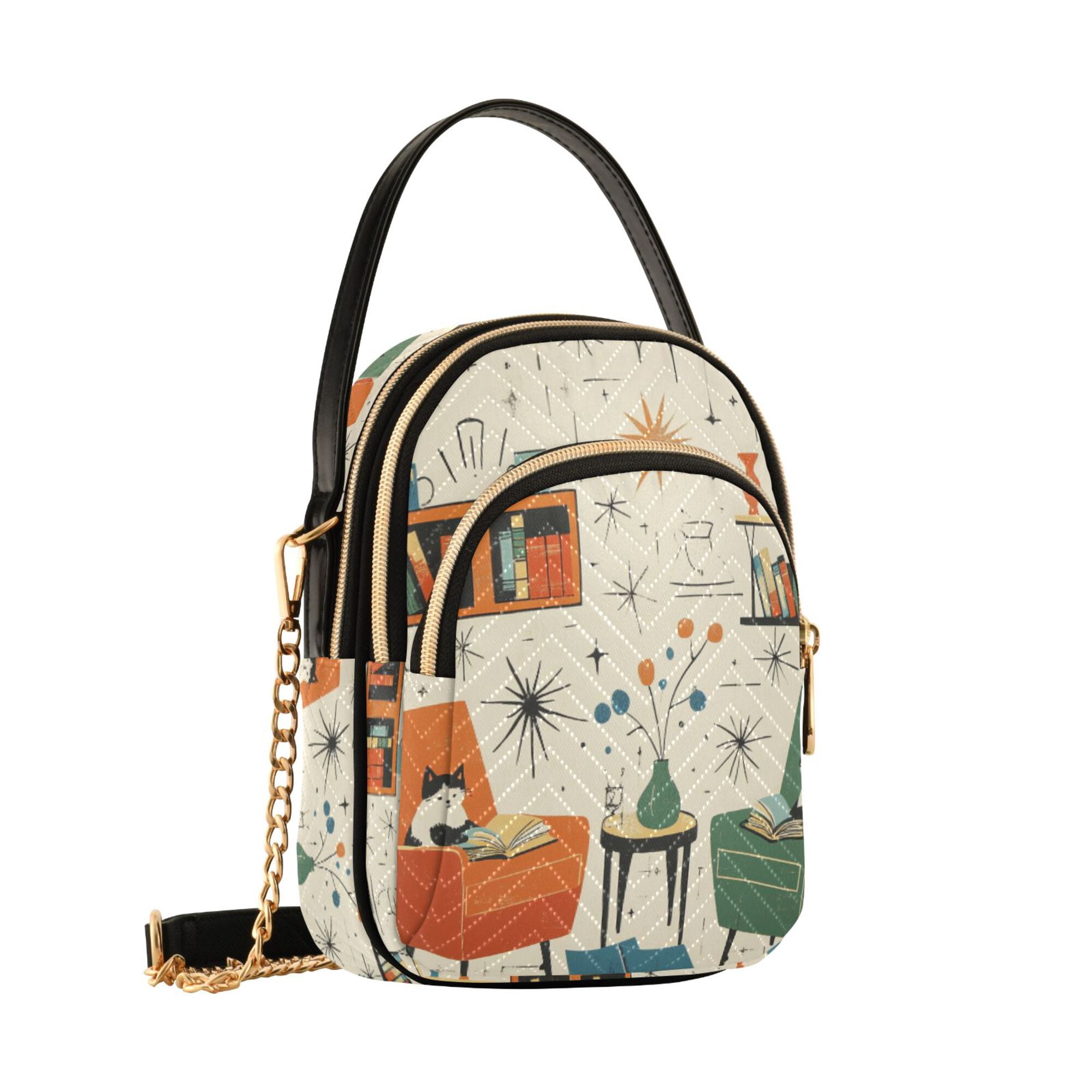 FORMRS Crossbody Bag for Women Quilted Travel Shoulder Cell Phone Purse with Chain Strap Handbag, Beige Cats Reading