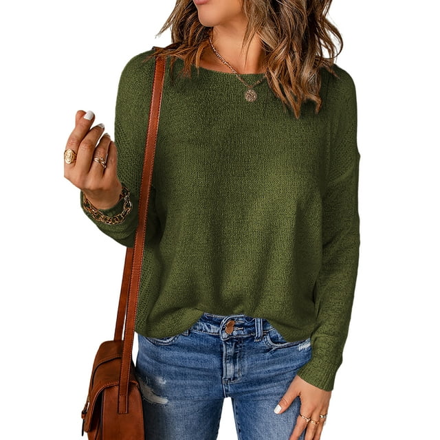 Innerwin Sweater Solid Color Ladies Jumper Tops Chic Long Sleeve Casual Knitted Sweaters Green XL