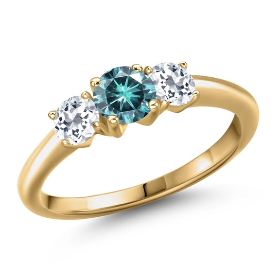 Gem Stone King 18K Yellow Gold Plated Silver Blue Moissanite and White Topaz Engagement Ring for Women | 1.16 Cttw | Round 5MM | Gemstone Birthstone | Size 9