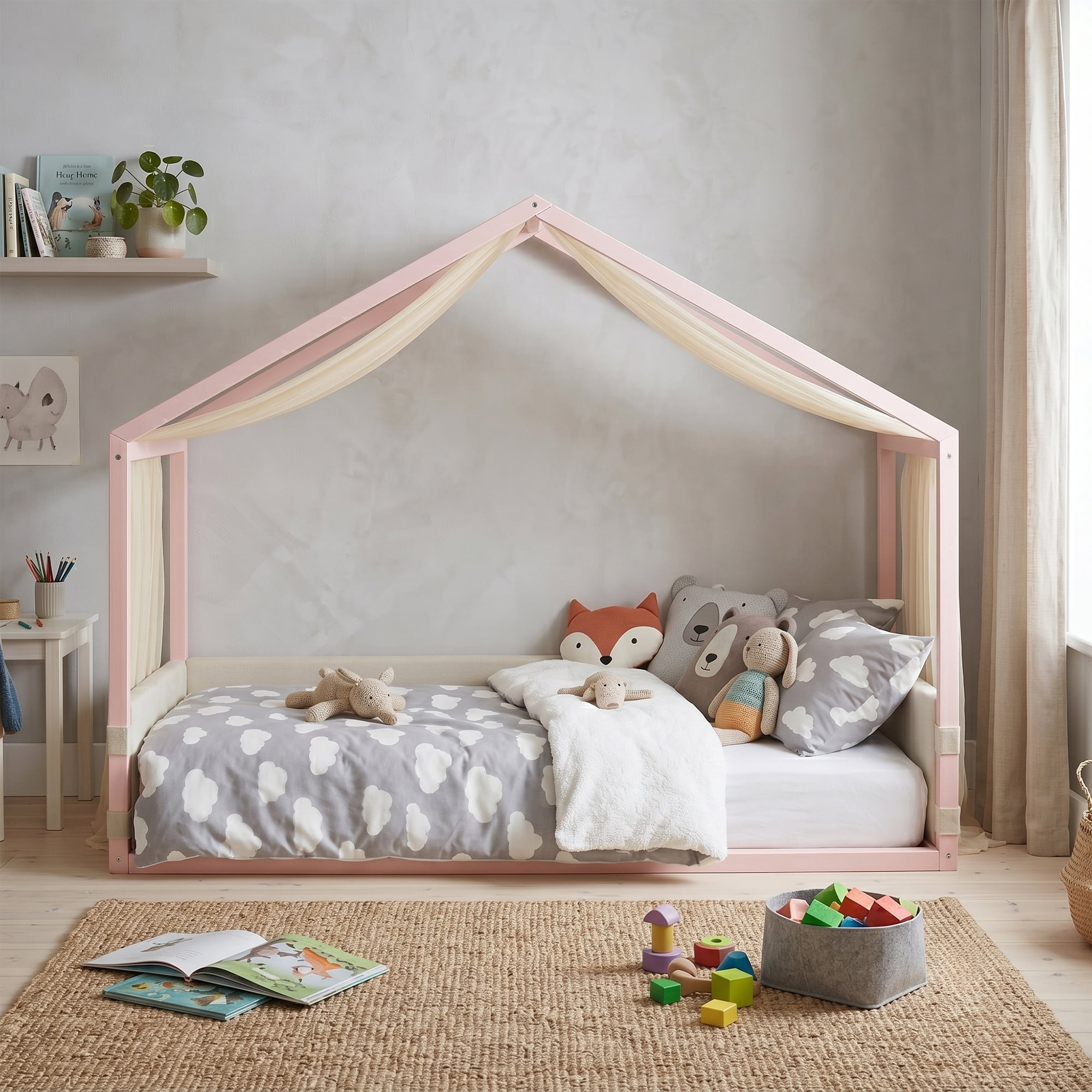 Mintazer Twin Size Montessori House Floor Bed with Breathable Gauze Canopy & Velvet Upholstered Side Guard Panels, Low Platform Kids Playhouse Bed Frame for Bedroom Guest Room, Pink