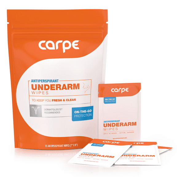 Carpe Antiperspirant Underarm Wipes, Sweat Blocking Wipes for On the Go and Travel, 15 Wipes