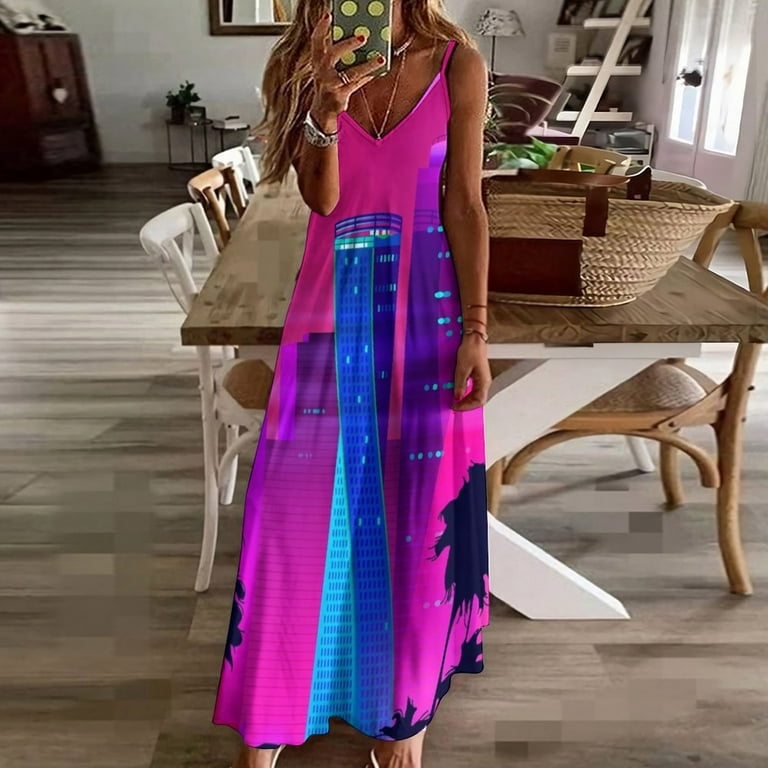 Synthwave Neon City Miami Vice Sleeveless Dress wedding guest dress 2024 dress for women summer Walmart