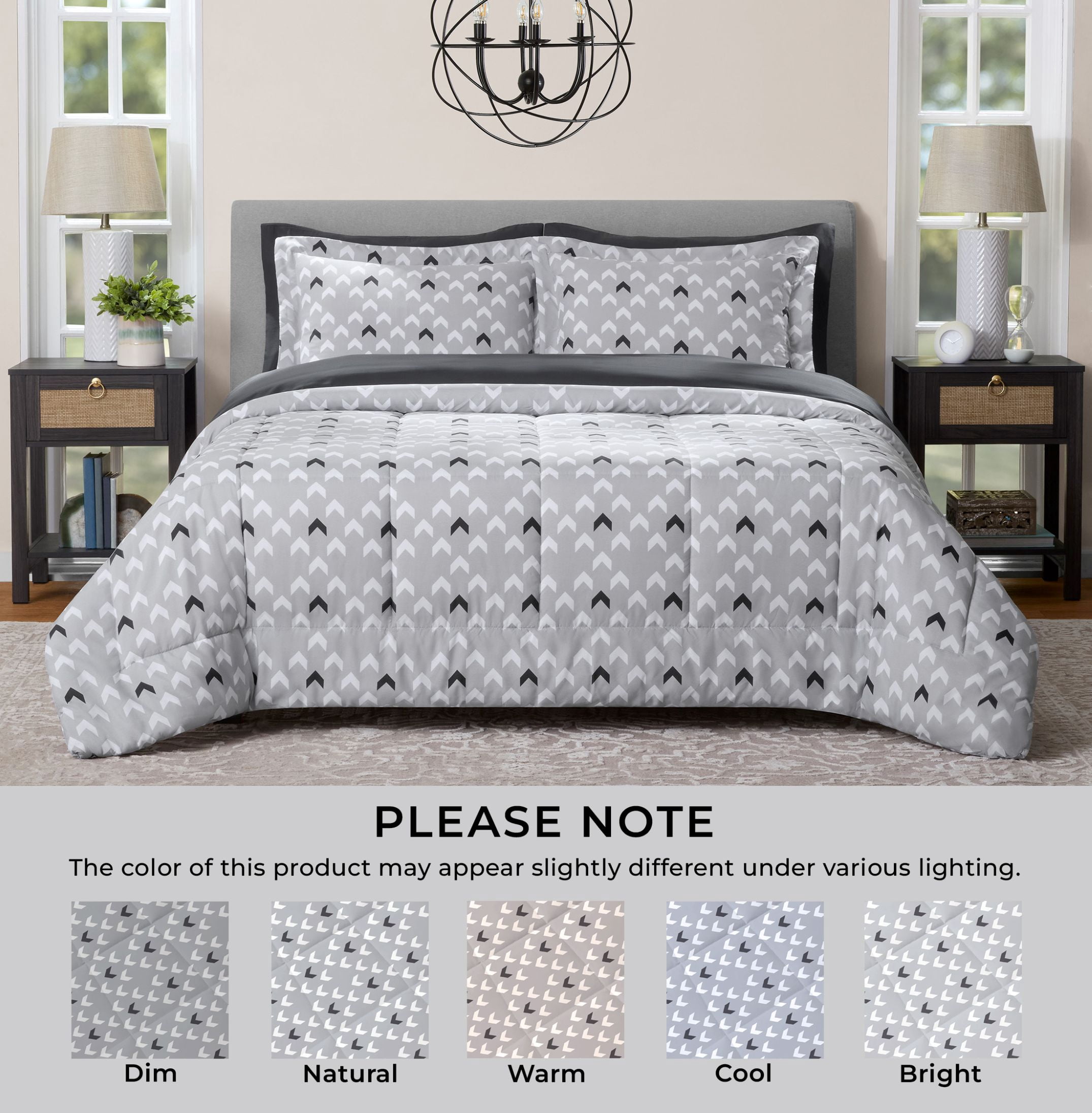 Mainstays 7-Piece Reversible Bed in a Bag Comforter and Sheet Set, Full, Light Grey Chevron