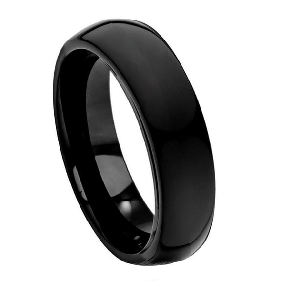 Custom Personalized Engraving Wedding Band Ring Set for Him & Her - 6mm High Polished Black IP Plated Classic Domed Band