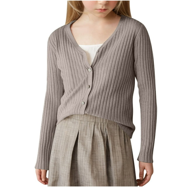 tarylea Girl Outfits V Neck Ribbed Knitted Sweater Solid Color Button down Long Sleeve Cardigan Trendy Fall Casual Wear Tops