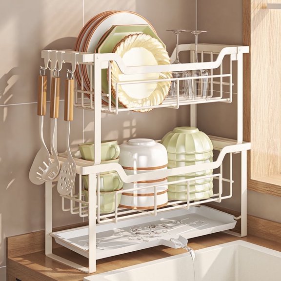 Luckytree 2-Tier Dish Drying Rack, Large Space-Saving Dish Racks,Narrow Dish Drainer for Kitchen Counter Organizer ,6.7"W x 17"L,White