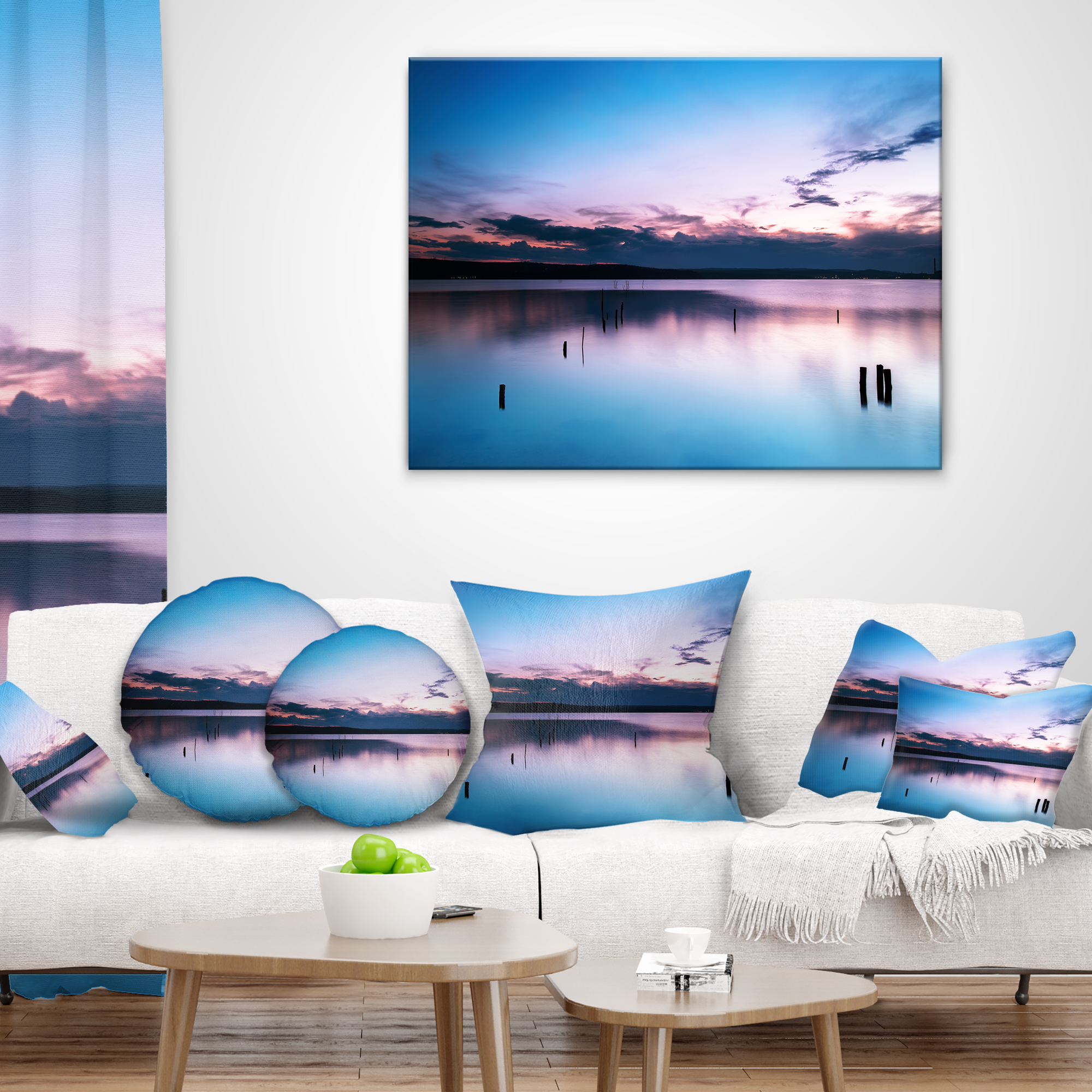 Designart Sunset Over Lake Blue Everywhere - Seashore Throw Pillow - 12x20