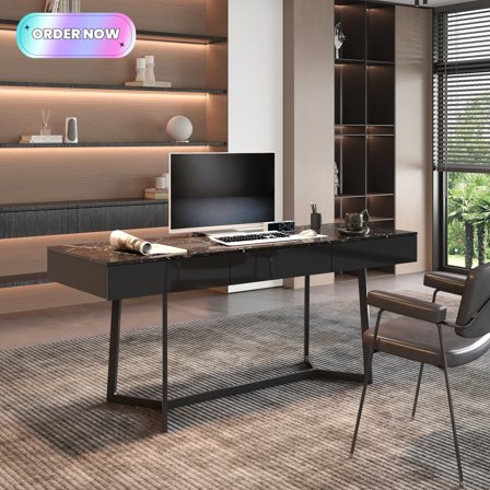 Tcbosik 70.8" Computer Desk with 3 Storage Drawers, Modern Writing Table with Metal Legs, Gaming Laptop Workstation for Home Office, Living Room, Study Room, Black