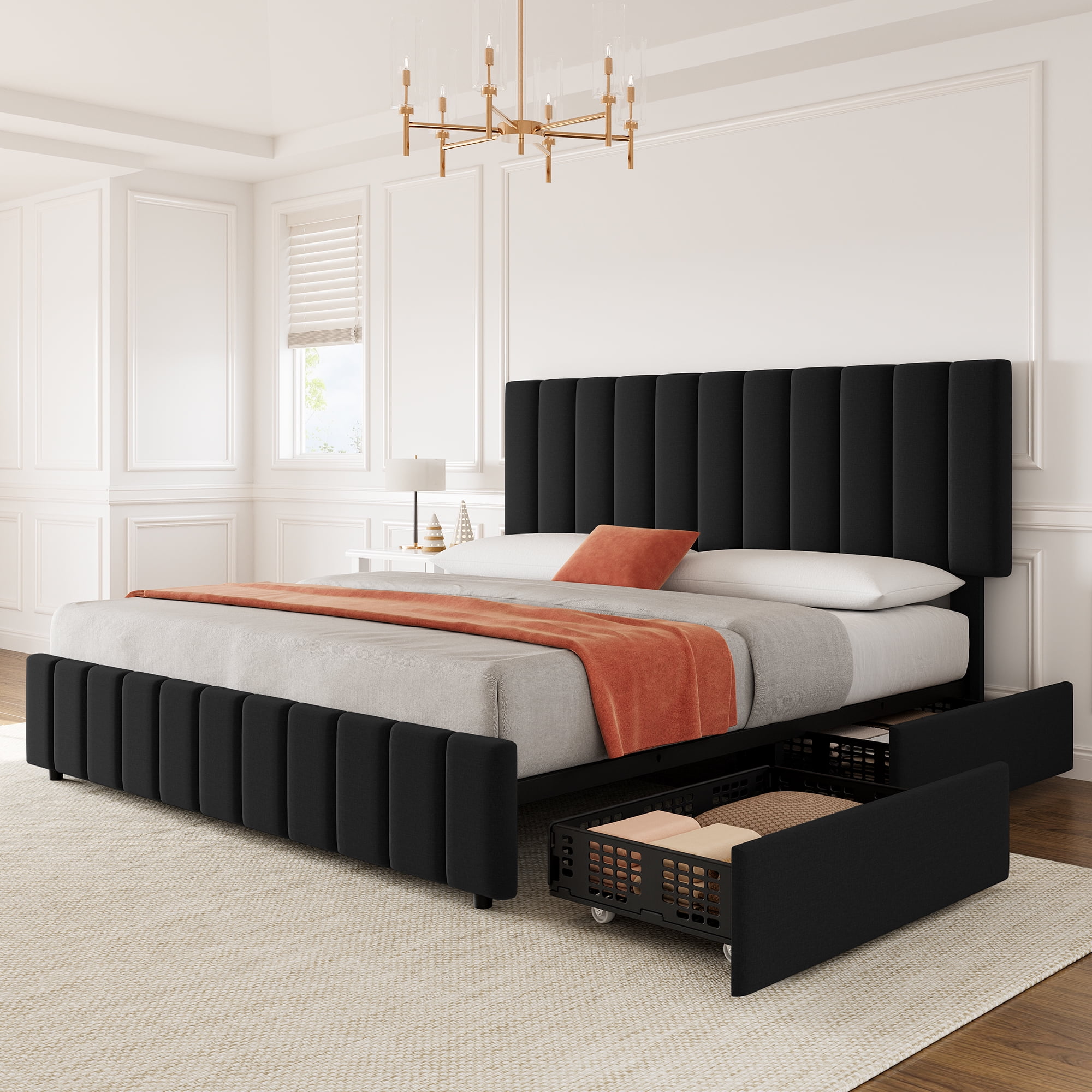 Hetoy Queen Size Bed Frame with 4 Storage Drawers and Adjustable Headboard, Linen Upholstered Platform Bed Frame with Wooden Slats Support, No Box Spring Needed, Black