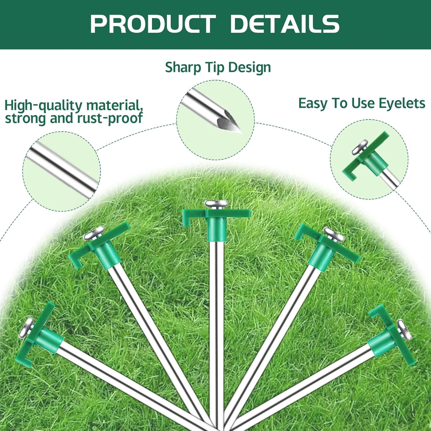 24 Pack Tent Stakes Heavy Duty, 9.8 Inch Camping Stakes, Non-Rust Metal Tent Pegs with 12 Pcs Rope and Storage Bags, Ground Stakes Tent Spikes for Camping Garden Outdoor Travel (Green)