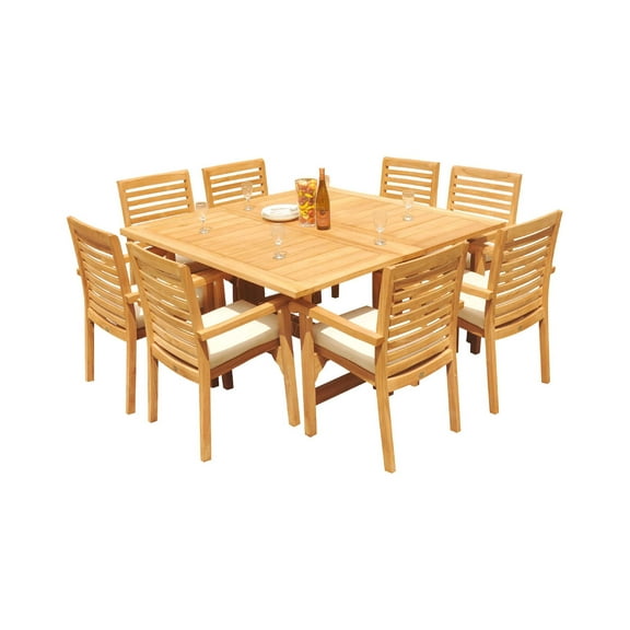 Grade-A Teak Dining Set: 8 Seater 9 Pc: 60" Square Rectangle Butterfly Table And 8 Hari Stacking Arm Chairs Outdoor Patio WholesaleTeak #51HR1409