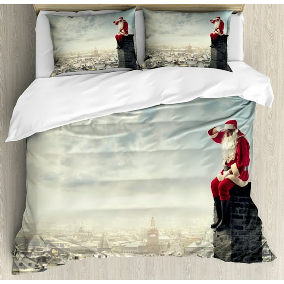 Christmas Duvet Cover Set Queen Size, Santa Claus Sitting on Chimney Above the City, Decorative 3 Piece Bedding Set with 2 Pillow Shams, Pale Blue Grey Vermilion Dark Grey and White, by Ambesonne