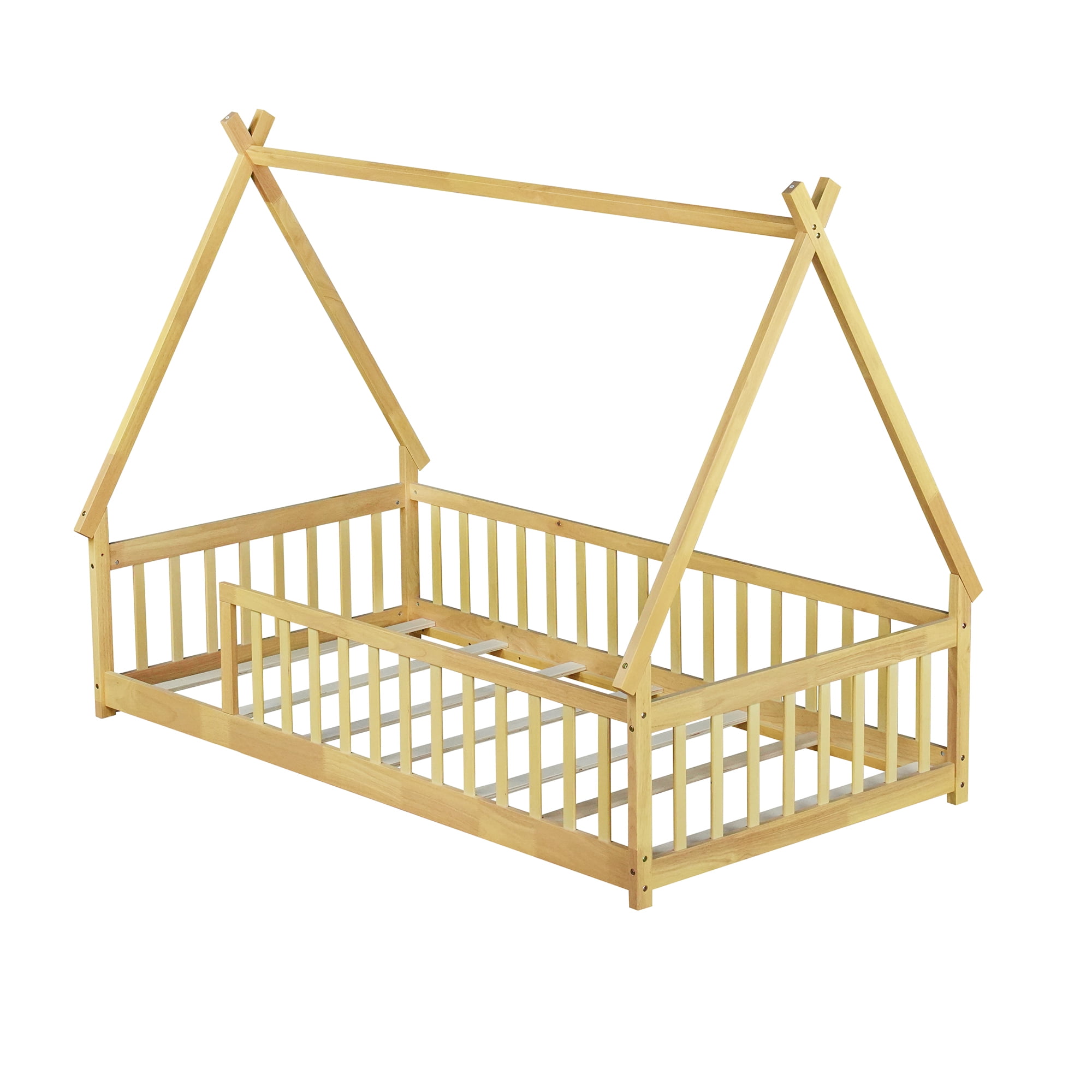 Mirightone Twin Size Floor Bed, Montessori Teepee Floor Bed with Rails, Wood Tent-Shaped Bed with Fence (Natural)