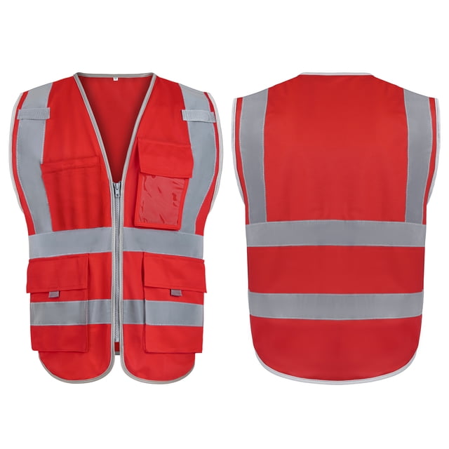 GOGO Big & Tall 9 Pockets High Visibility Zipper Front Safety Vest With Reflective Strips, Meets ANSI Standards-Red-US S