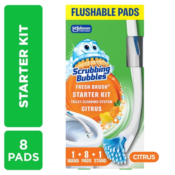 Scrubbing Bubbles Toilet Bowl Cleaner Wand Starter Kit, Flushable Toilet Pads, Fresh Brush Cleaning System, Citrus, 1 Wand, 1 Stand, 8 Count